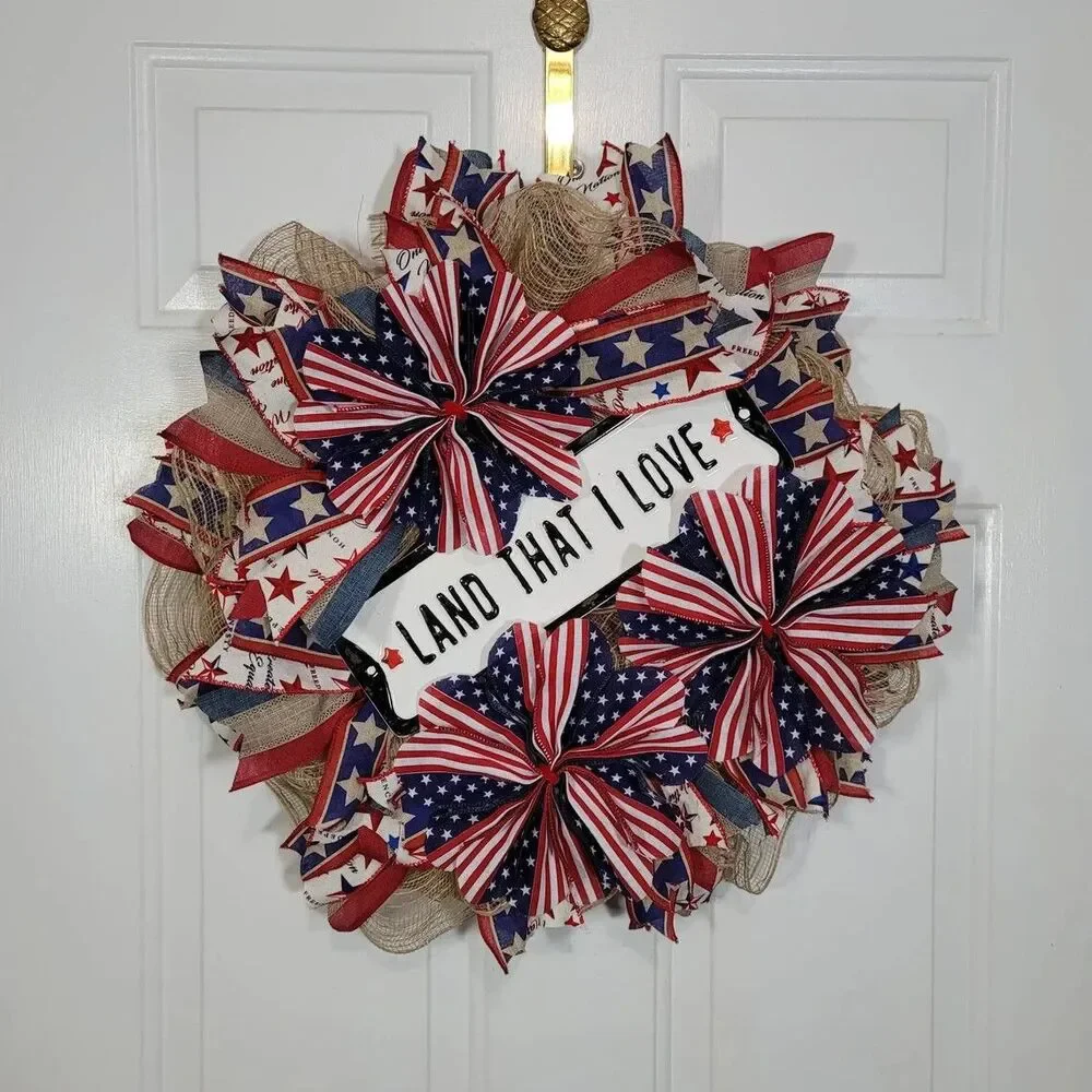 Patriotic Land That I Love Wreath, Pancake Wreath, 4th of July Front Door Wreath